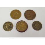 Group of five various French circular bronze medallions, including Exposition Universal Paris 1889