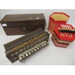 19th Century Continental rosewood rectangular accordion with mother of pearl buttons inscribed