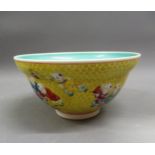 20th Century Chinese flared rim bowl, decorated with children on a yellow fish scale ground,