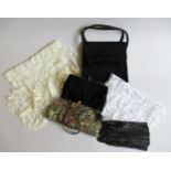 Three Ladies handbags, a pair of black leather gloves and a small quantity of lace