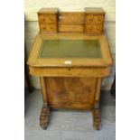 Victorian figured walnut boxwood line inlaid Davenport with drawers and stationery compartment,