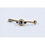 9ct Gold sapphire and seed pearl cluster set bar brooch