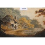 Attributed to William Payne, watercolour, rural scene with a figure before a cottage, 8ins x 11.