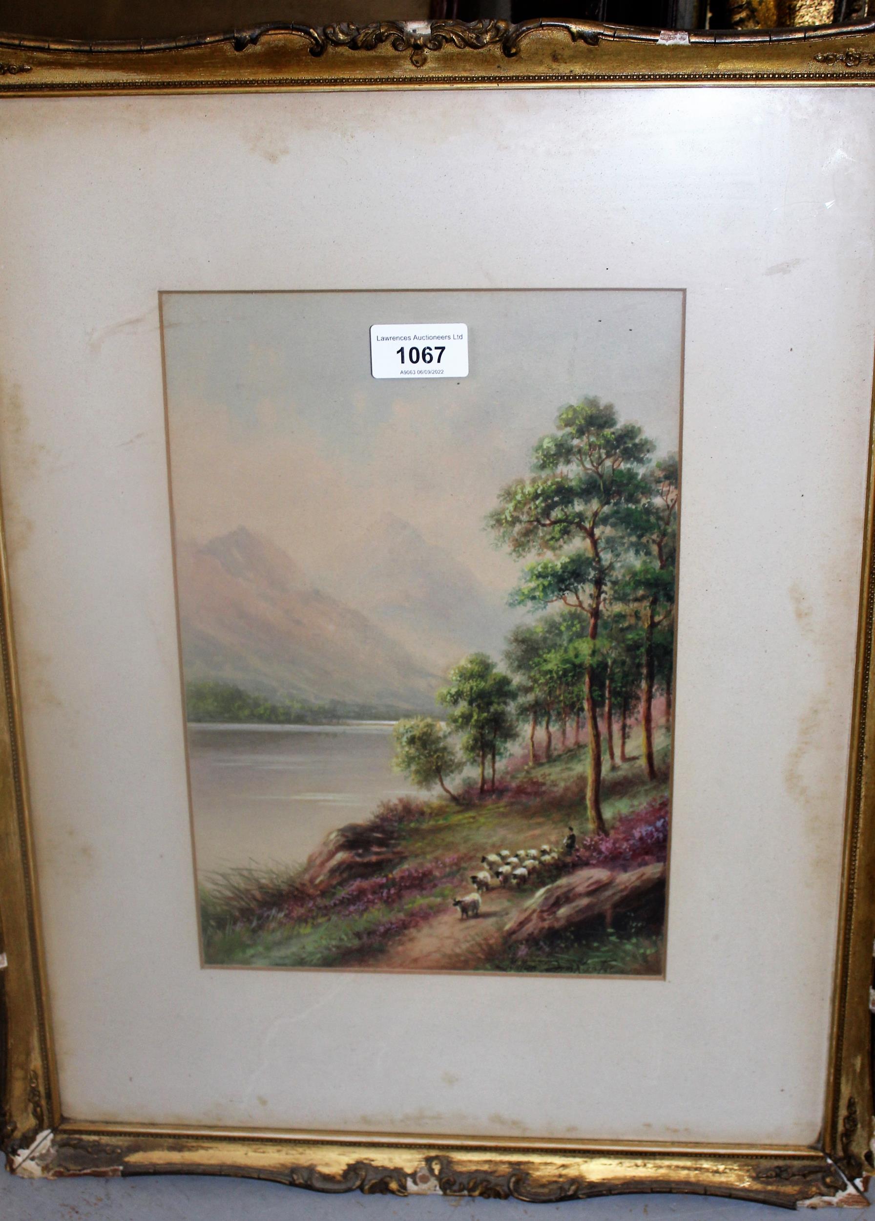 Milton Drinkwater, watercolour, shepherd with flock in a Highland landscape, 11.75ins x 8ins, gilt - Image 2 of 4