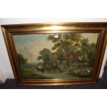 Pair of large gilt framed coloured prints, rural village scenes