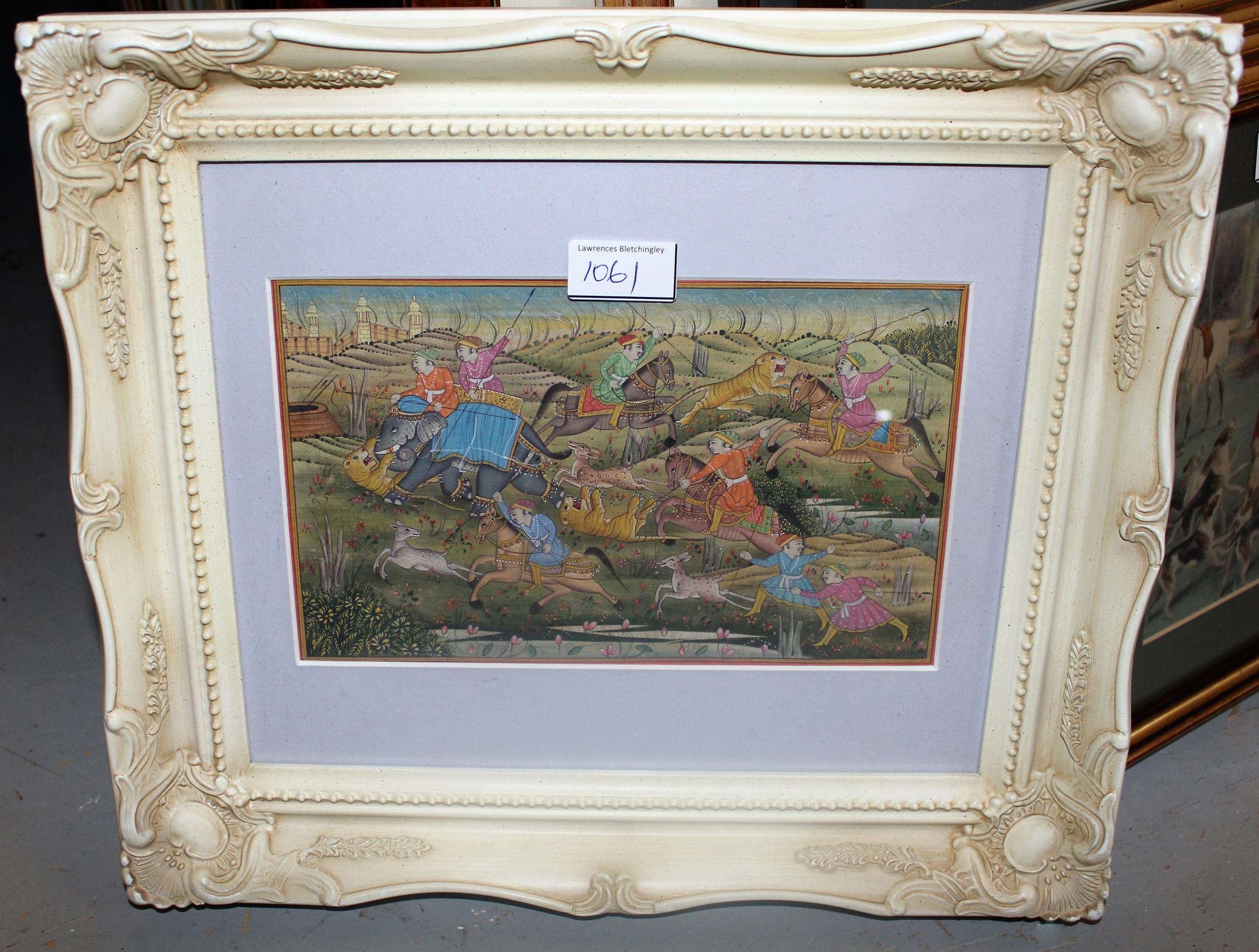 Pair of Indian watercolours on paper, tiger hunting, with script verso, 6ins x 9.5ins, framed - Image 3 of 5
