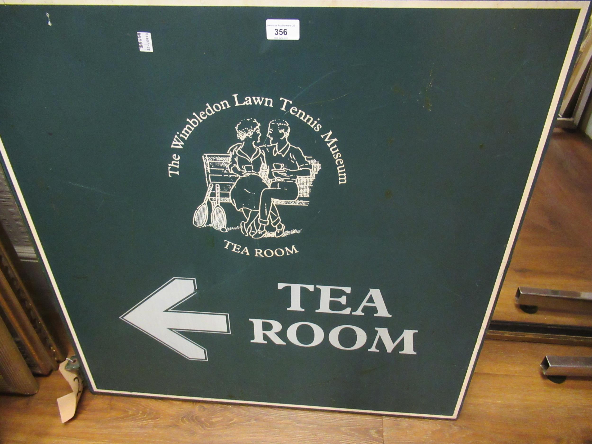 'The Wimbledon Lawn Tennis Museum Tea Room ' sign, with associated photograph, 29.5ins square Made