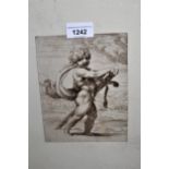18th Century etching, portrait of a cherub with a sword, 7ins x 5.5ins