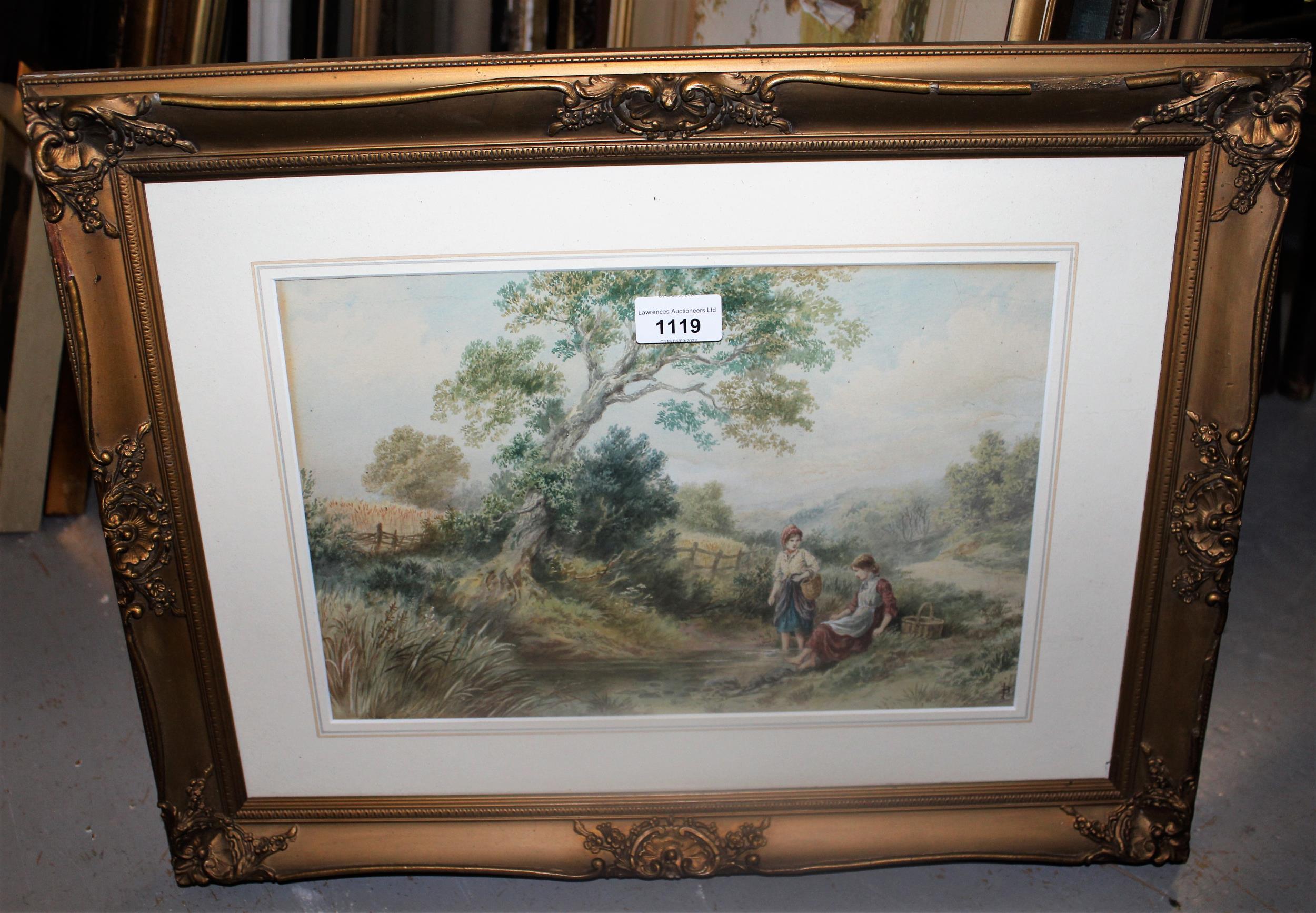 Two framed watercolours, children picking flowers by a river, signed, J. Barklay and a study of - Image 2 of 3