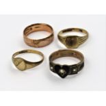 9ct Gold mourning ring dated 1911, together with three other various 9ct rings Weight - 9.2g