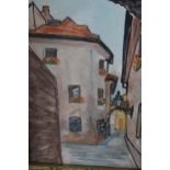 Small framed watercolour, Spanish village street scene, together with a watercolour river gorge,
