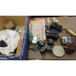 Pair of Chinon binoculars, two cased Yashica lenses, small quantity of World stamps and sundries