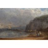 19th Century oil, coastal view with figures by beached boats, inscribed T. Westall verso, 5ins x