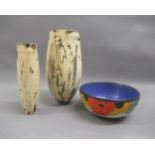 Two 20th Century Art pottery tapered vases and a Royal Doulton stoneware bowl with tubeline floral