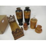 Pair of New Zealand treenware vases, 10.25ins high together with two treenware bottle holders and