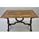Continental burr wood parquetry inlaid centre table with borders, on a moulded base with matching