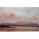 Watercolour and pencil drawing, view across a loch at sunset, monogrammed D.Y.C., 4.5ins x 6.5ins