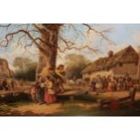 Edmund Aylburton Willis, oil on canvas, busy rural village scene with figures and horses before