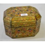 Kashmiri octagonal box, the hinged cover with bird and floral decoration Some wear to edges but