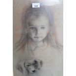 P. Hamilton, black and red chalk drawing, portrait of a girl with a dog, 20ins x 12ins, gilt framed