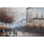 Paula Sanchez, oil on canvas view of Westminster, 20ins x 24ins approximately, framed