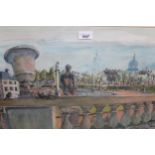 20th Century ink and watercolour Parisian scene, 14.5ins x 21ins, framed