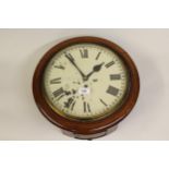 19th Century circular mahogany wall clock, the painted dial with Roman numerals, with a single train