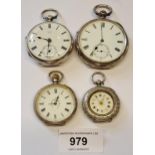 Four various silver cased pocket and fob watches