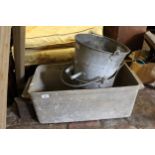 Large rectangular aluminium two handled trough, together with two anodised buckets