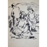 Attributed to Otto Schoff, pen and ink drawing, three figures in a landscape, together with a