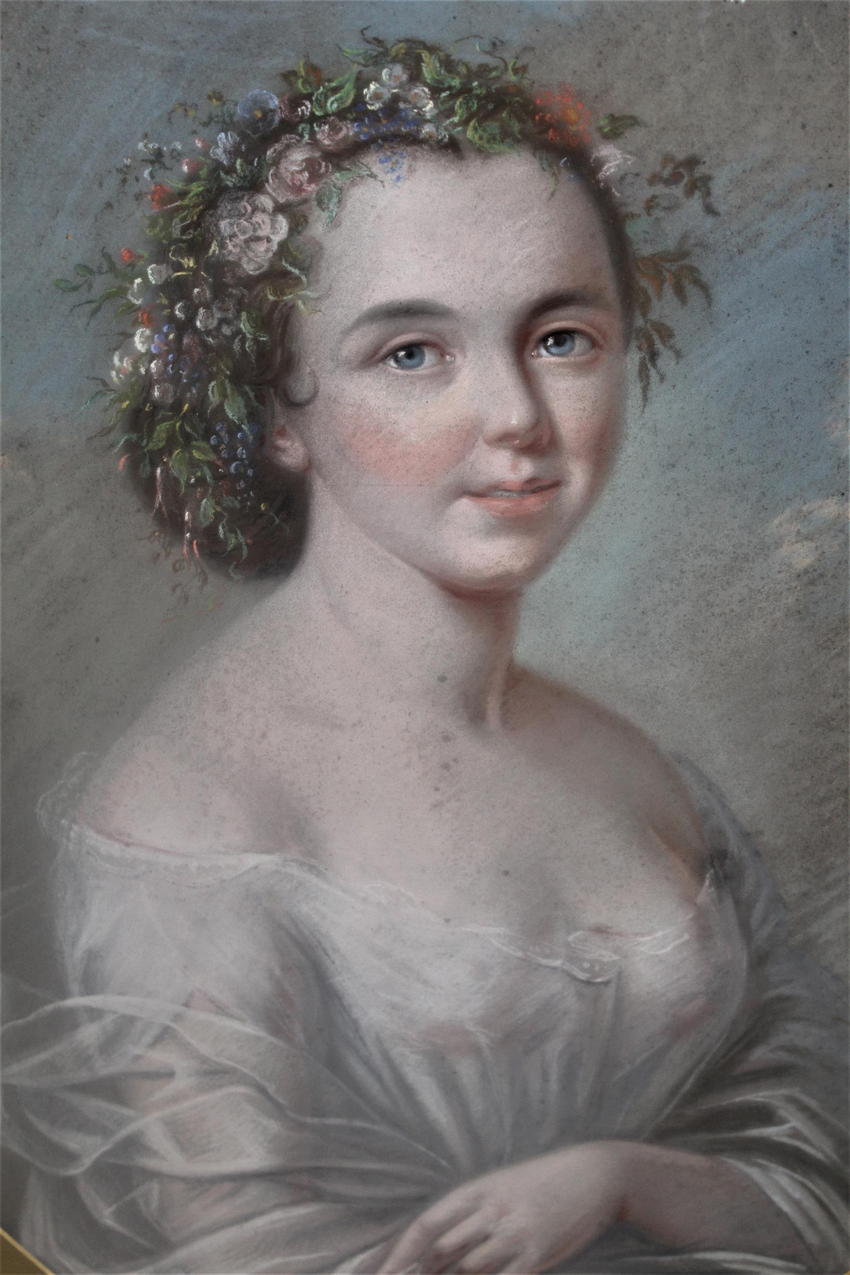 19th Century oval pastel portrait of a bride, wearing a floral garland in her hair, 28ins x 21ins,