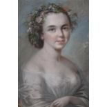 19th Century oval pastel portrait of a bride, wearing a floral garland in her hair, 28ins x 21ins,