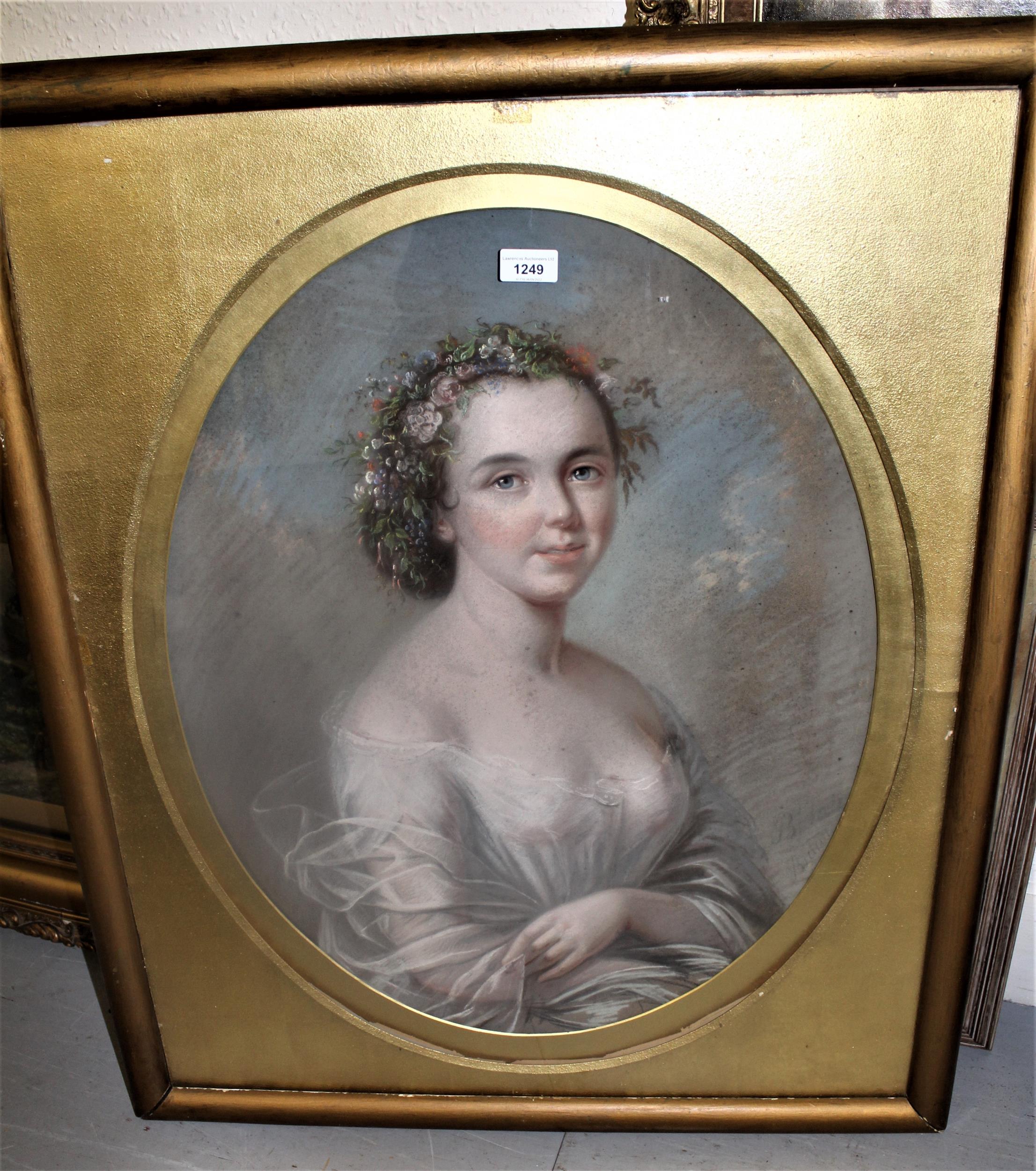 19th Century oval pastel portrait of a bride, wearing a floral garland in her hair, 28ins x 21ins, - Image 2 of 4