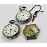 Gentleman's mid 20th Century wristwatch by Roamer, together with two silver fob watches