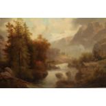 Eugene Castello, 19th Century oil on canvas, mountain river landscape with figures on the bank,