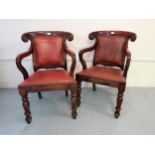 Pair of Anglo Indian style open armchairs with shaped carved cresting rails above leather