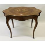 19th Century French rosewood line and marquetry inlaid centre table, the shaped top above a shaped