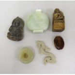 20th Century jade snuff bottle, carved soapstone scroll weight and four other items