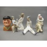 Five various Lladro figures (one at fault), together with a Royal Doulton character jug