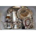 Three piece silver plated tea service, together with a quantity of other plated items, including