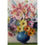 Walter Taylor, signed oil on board, vase of flowers, gallery label verso, 17ins x 15.5ins