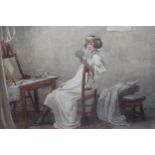 Judith Ackland, S.W.A, monogrammed watercolour, study of a young lady at a dressing table, 10ins x