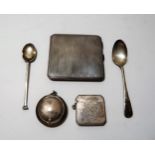 Silver cigarette case, silver vesta case, miniature silver compact and two spoons, 6.5oz