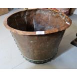 Circular copper and riveted log bin 17.5ins diameter x 13.5ins high