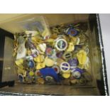 Box containing a large collection of 20th Century enamel badges relating to bowling clubs