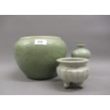 Small reproduction Chinese celadon baluster form vase 5ins high, together with a reproduction