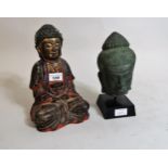 20th Century painted and patinated bronze figure of seated Buddha, 9.5ins high together with a