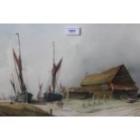 Brian Ottley, watercolour, titled ' The Boatyard ', figures before beached fishing boats, signed and