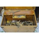 19th Century pine carpenter's tool chest with fitted interior, together with a quantity of various