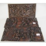 Pair of 19th Century Flemish carved oak panels depicting agricultural scenes, 7ins x 19ins